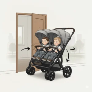 Diagram showing a narrow tandem stroller easily passing through a standard single doorway.