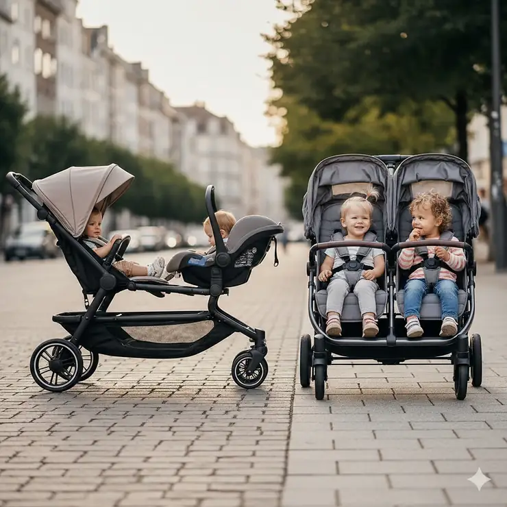 A side-by-side comparison of a long tandem stroller and a wide side-by-side double stroller on a city sidewalk. tandem vs side by side stroller