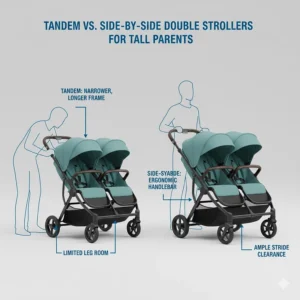 Comparison of tandem and side-by-side double stroller frames focusing on handlebar reach and maneuverability.