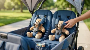 Close-up of the interior seating and 5-point safety harnesses in a wagon stroller for 4 kids.