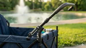 A parent using the adjustable telescopic handle to push a double stroller wagon through a grassy field.