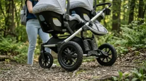 Graphic of shock-absorbing all-terrain wheels on a heavy-duty double stroller travel system.
