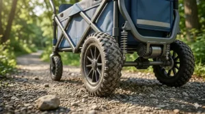 Heavy-duty all-terrain wheels of a 4-seater stroller wagon navigating a gravel path.