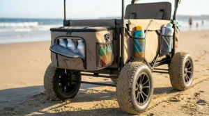 An illustration highlighting built-in insulated cooler bags and storage pockets on a beach-ready wagon.