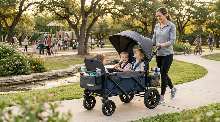A premium double stroller wagon with a canopy and safety harnesses parked on a paved park path.