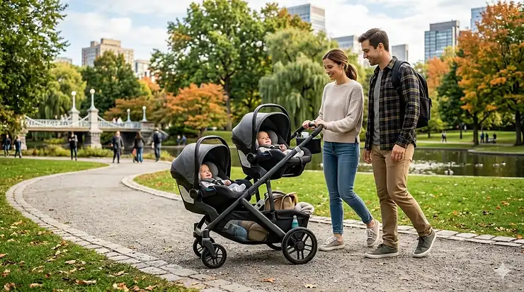 A side-view of a premium twin car seat stroller combo with two infant carriers clicked into a double stroller frame on a park path.
