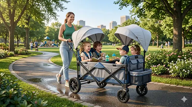 A premium navy blue wagon stroller for 4 kids being pushed through a sunny park by a parent.