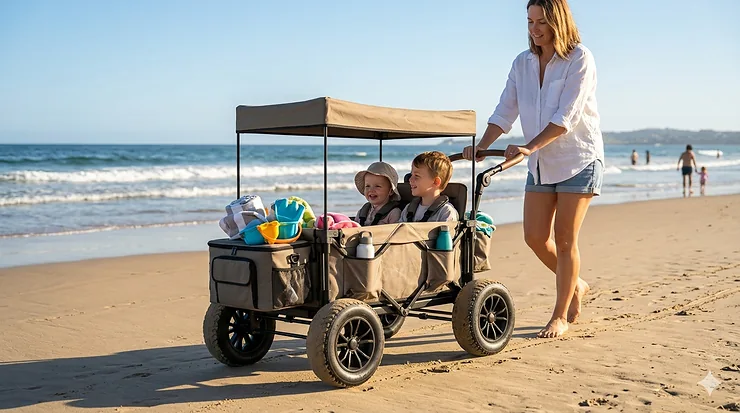 A heavy-duty wagon stroller with extra-wide wheels being pushed across a sunny beach with two toddlers inside. wagon stroller for beach