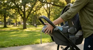 Close-up of the necessary clearance space between the stroller handlebar and the car seat shell for safe operation.