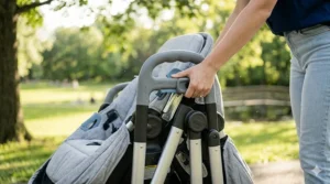 Illustration showing a one-handed compact fold of a double stroller for easy car trunk storage.