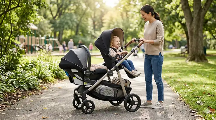 A premium convertible double stroller with an attached infant car seat and toddler seat in a park setting. convertible double stroller with car seat
