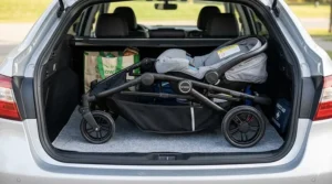 Compactly folded double snap and go stroller frame showing its slim profile for car trunk storage.