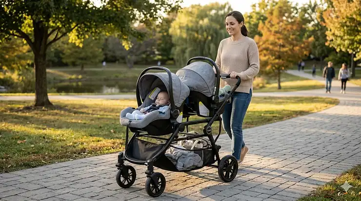 A photorealistic side profile of a double snap and go stroller frame with two infant car seats securely attached for twins on a park pathway.