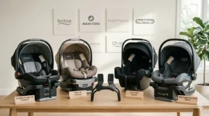 Illustration showing various infant car seat brands compatible with a universal double stroller adapter.
