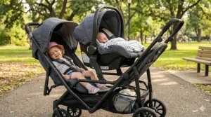 A close-up view of a dark grey inline double stroller using a car seat adapter to hold an infant car seat for a newborn and a reconfigured toddler seat for a sleeping child, set in a sunlit park.