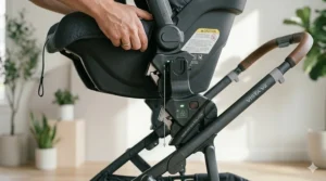 A visual guide showing the correct angle and alignment when clicking a car seat into a double stroller adapter.