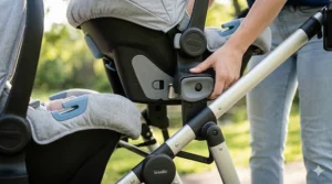 Close-up of universal click-in adapters for a double stroller travel system.