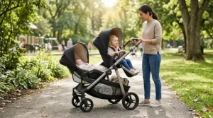 Illustration of a convertible double stroller configured with one infant car seat and one forward-facing toddler seat.