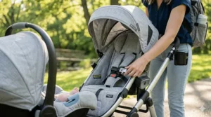 Detailed view of the 5-point safety harness and adjustable canopy on a double travel stroller.