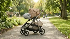 Close-up of the extra-large under-seat storage basket on a convertible double stroller.