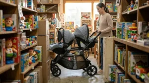 A double snap and go stroller navigating through a narrow store aisle to show its slim design.