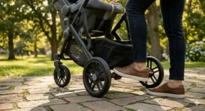 Illustration of a parent engaging the foot brake on a double stroller before loading infant car seats.