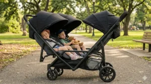 A close-up view of the black and grey side-by-side double stroller in a sunlit park, with both seats fully reclined to a flat position and large extendable sun canopies extended, creating a cozy and shaded environment for the two toddlers from the featured image as they sleep peacefully.
