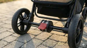 The front swivel wheels and rear locking brakes of a double snap and go frame for easy maneuverability.