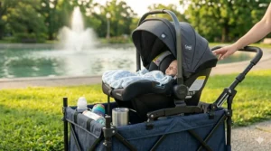 An illustration showing a double stroller wagon with an infant car seat adapter installed.