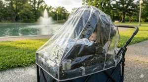 A double stroller wagon equipped with a clear waterproof rain cover for outdoor use in wet weather.