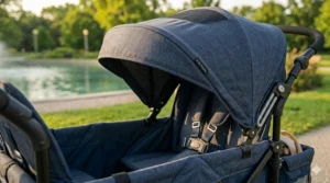 A double stroller wagon featuring a removable UV-protection canopy and mesh side curtains.