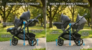 Diagram comparing center of gravity and stability between tandem and side-by-side double strollers with car seats attached.