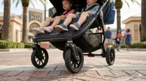 A photorealistic illustration showing a close-up of the rugged, all-terrain rubber wheels of a double stroller, highlighting their grip on brick pavers at Universal Studios.