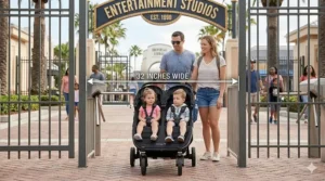 A photorealistic illustration demonstrating a side-by-side double stroller for Universal Studios passing through a measured turnstile gate, with clear digital width annotations.