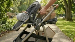 Illustration of the telescoping adjustable handlebar on a double stroller for parents of different heights.