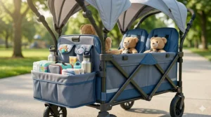 Large rear storage basket and side pockets on a stroller wagon designed for four children and gear.