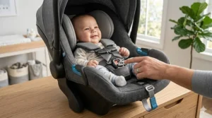 Detailed view of the five-point safety harness system inside a twin car seat stroller carrier.