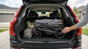A compact folded twin stroller frame being placed into a standard car trunk to show portability.