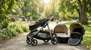 Diagram showing how the convertible double stroller folds down into a compact size for trunk storage.