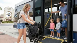 A photorealistic illustration demonstrating the quick, compact folding of a modern double stroller by a smiling parent near a Universal Studios resort shuttle bus.