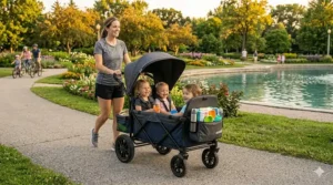 A compact folded double stroller wagon being placed into the trunk of a family SUV.