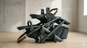 Illustration demonstrating a double stroller folding down while the car seat adapters remain attached.