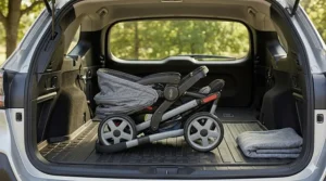 Illustration of the Graco double stroller travel system folded down into a compact size for easy trunk storage.