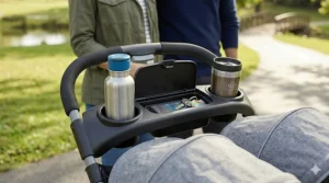 Top-down view of the parent tray on a Graco double stroller featuring deep cup holders and a covered storage compartment.