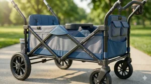 The reinforced steel frame construction of a high-capacity wagon stroller for 4 kids.