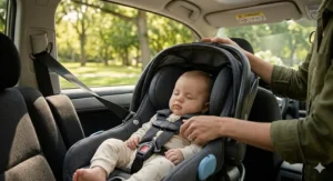 Illustration of the pinch test on an infant car seat harness to ensure a snug and safe fit for a baby in a stroller.