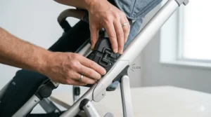 A diagram illustrating how to click a car seat adapter into the frame of a tandem double stroller.