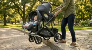 Proper technique for navigating a curb with a double stroller and car seats to avoid tipping or jarring the infants.
