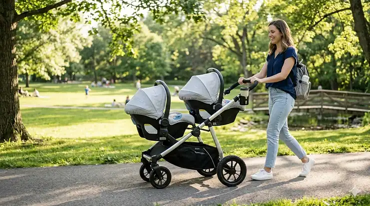 A side-by-side double stroller travel system with two matching infant car seats being pushed through a sunny park.