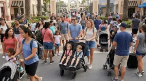 An overhead photorealistic illustration showing a family easily maneuvering a sleek double stroller through a dense crowd on a paved walkway within a Universal Studios-style theme park.